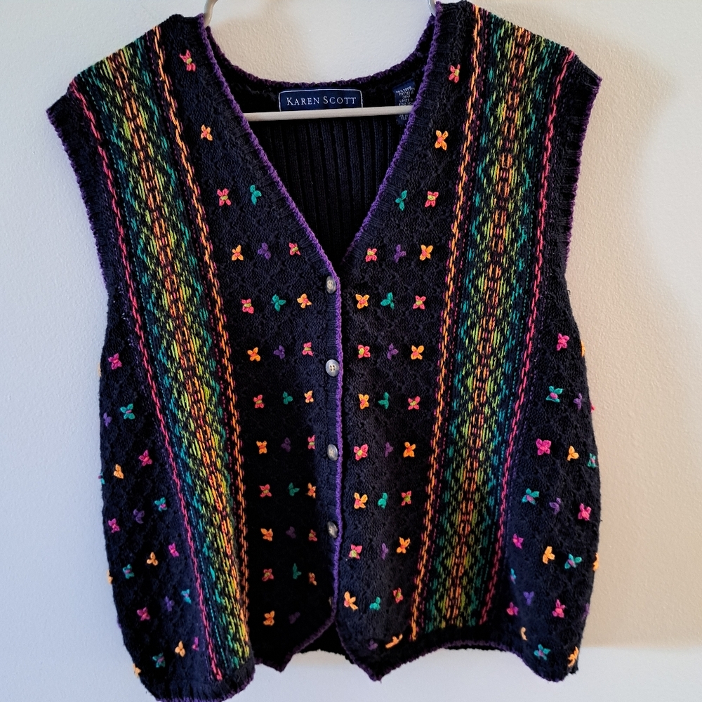Karen Scott knitted vintage vest sweater button down multiple colors Sz L